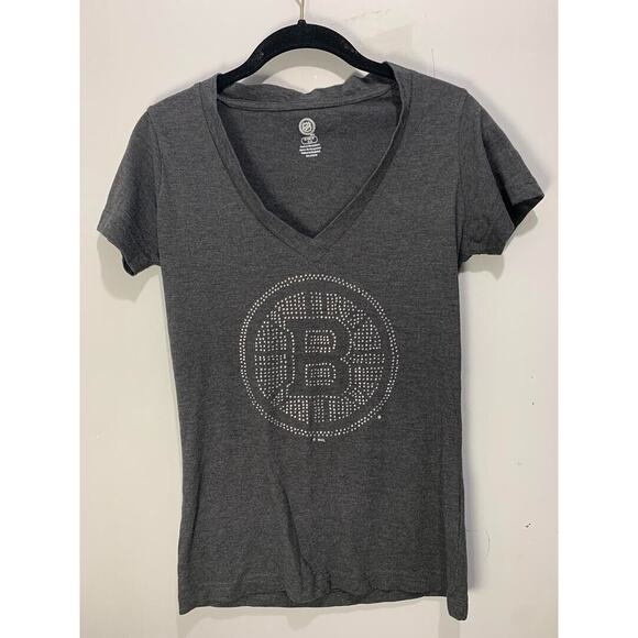 Boston Bruins Womens Gray Rhinestone V-Neck NHL Licensed T-Shirt S - Picture 1 of 4